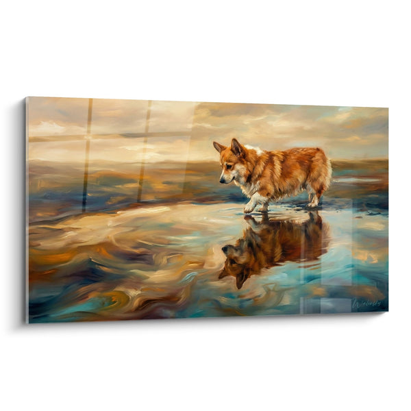 Cuadro de Corgi Rojo con Reflejos Dorados en Playa - Espejo del Alma - Edición Corgi Pembroke