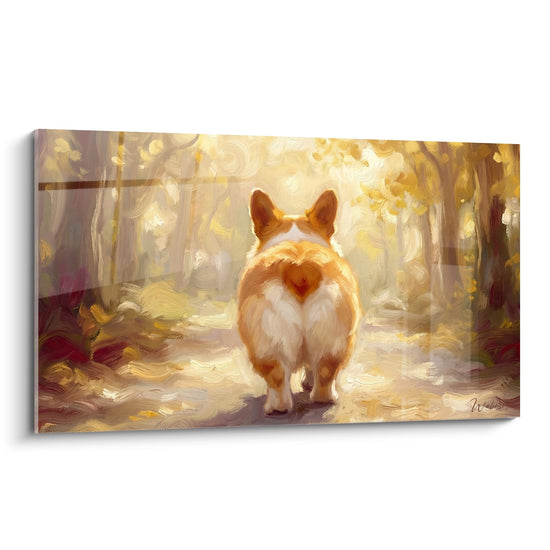Tableau peinture Corgi Pembroke roux vue arrière foret doree lumiere chaude style impressionniste