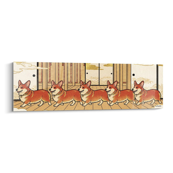 Cuadro Cinco Corgis Rojos en Cola de Patos en Terraza Japonesa - Procesión Canina - Edición Corgi Pembroke