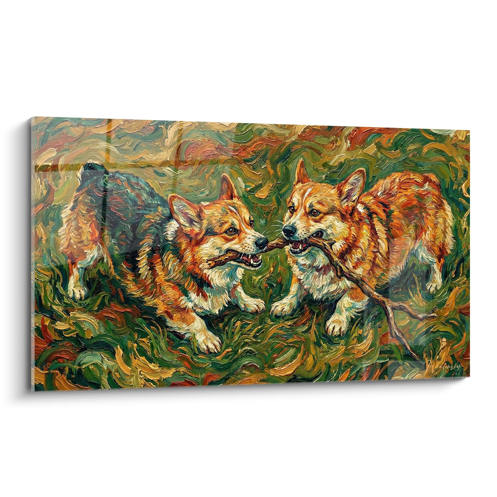 Tableau deux corgis pembroke style van gogh tourbillons oranges verts expressionniste