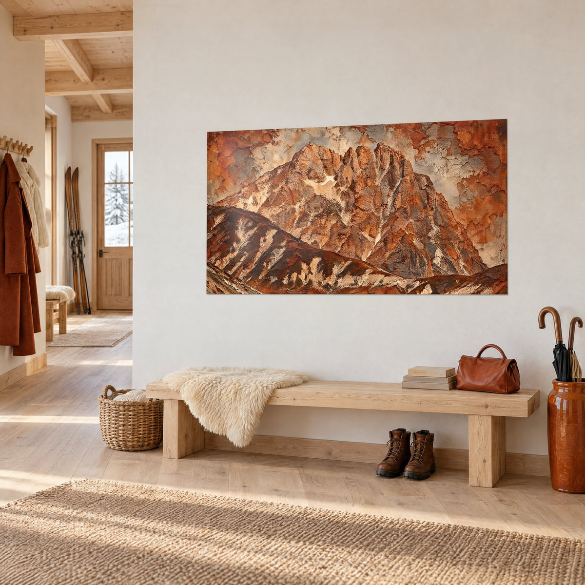 Tableau massif rocheux aux arêtes brunes et sable, en trois-quarts au-dessus d'un banc en bois dans une entrée de chalet