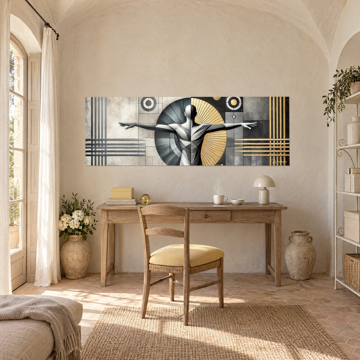 Tableau buste sculptural anthracite et or, cercles concentriques et lignes dorées, au-dessus d'un bureau en bois clair