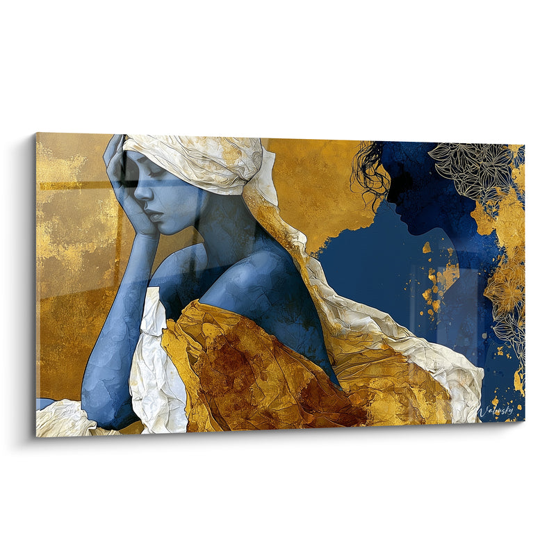 Tableau Femme bleue aux drapés dorés - Rêverie silencieuse - Edition Corps abstrait