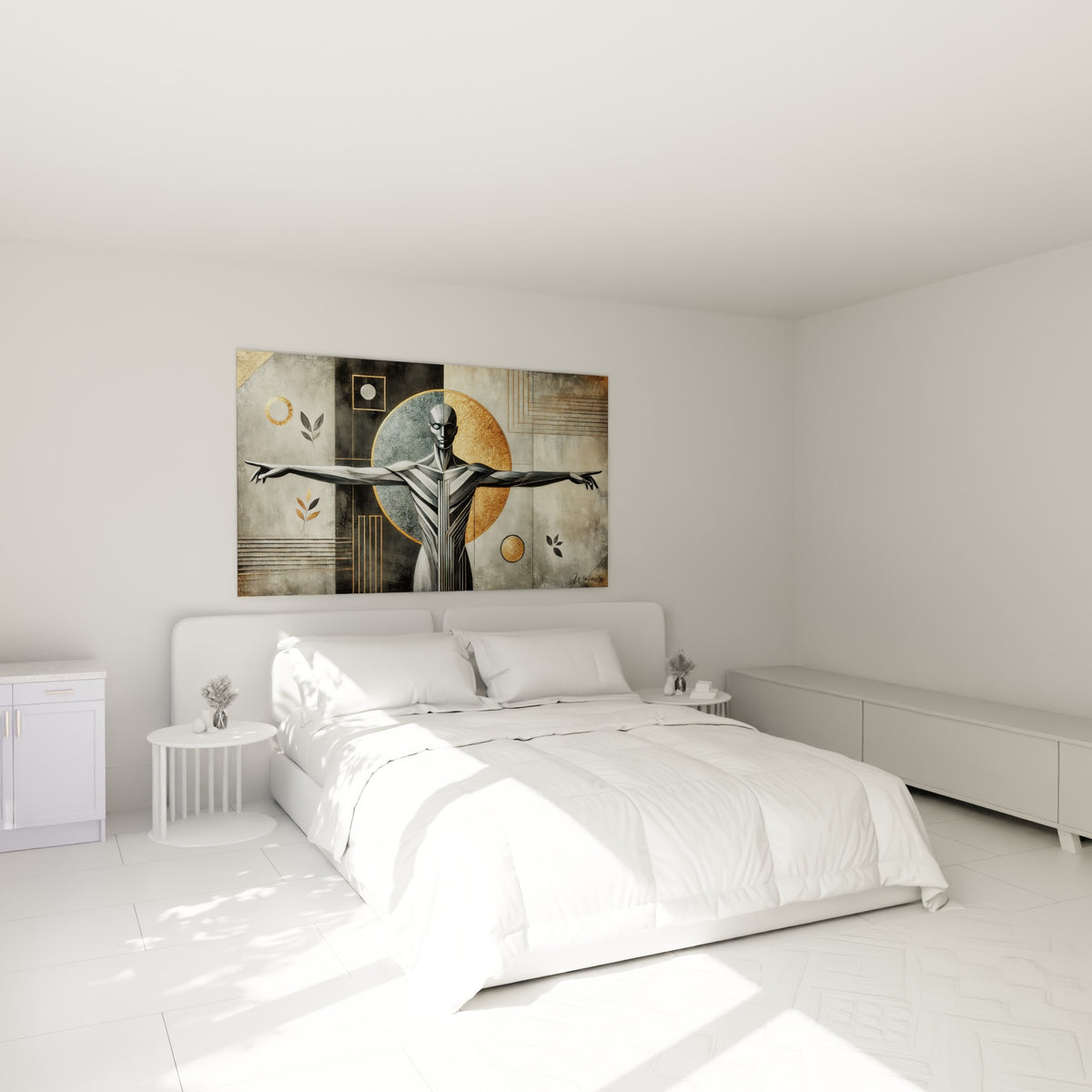 Figure argentée aux bras étendus sur fond doré et gris, tableau Corps abstrait au-dessus d'un lit dans une chambre claire