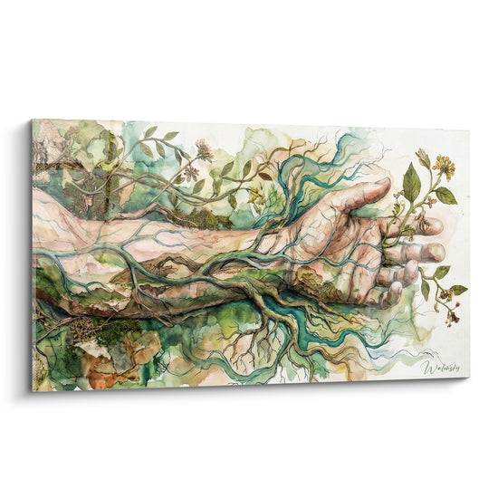 Tableau Bras végétal aux racines vertes et turquoise - Racines vivantes - Edition corps abstrait