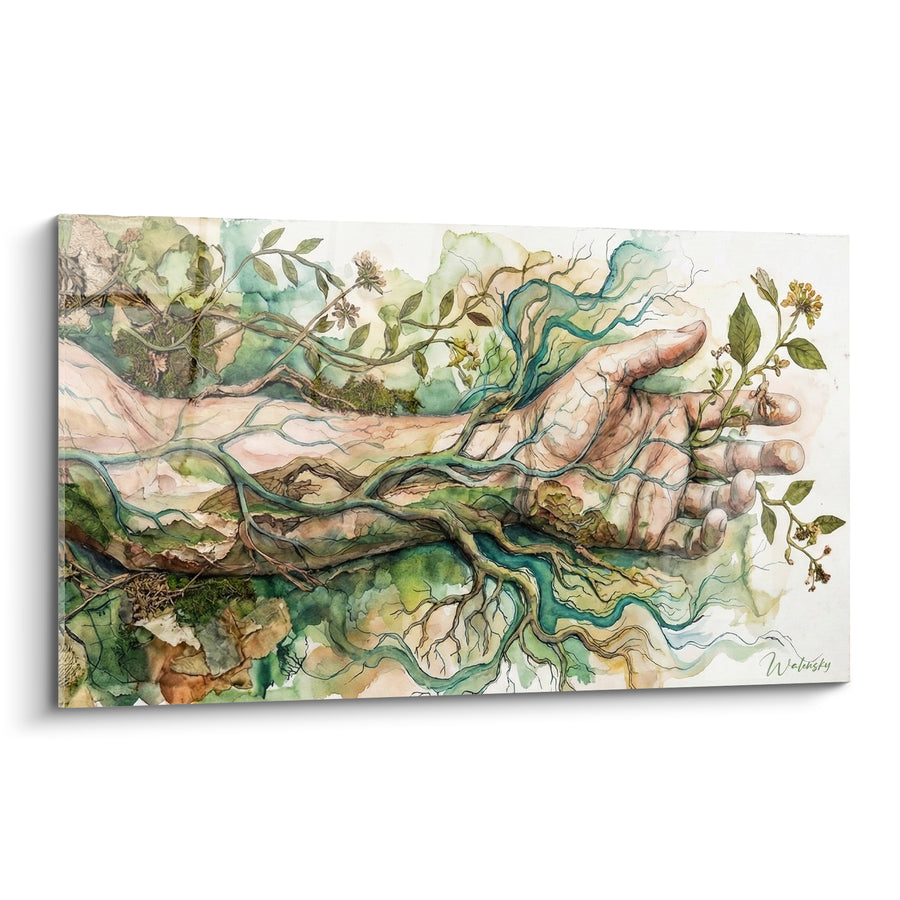 Tableau Bras végétal aux racines vertes et turquoise - Racines vivantes - Edition corps abstrait