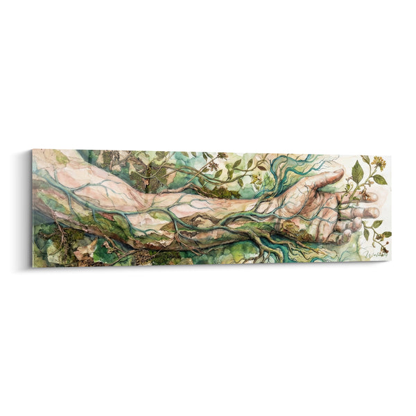 Tableau Bras tendu vert et beige ramifié de veines - Main ouverte fleurie - Edition corps abstrait