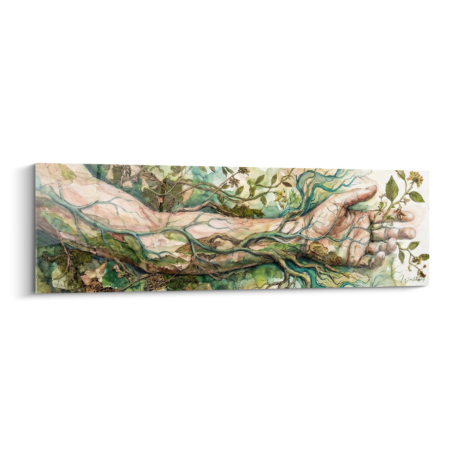 Tableau Bras tendu vert et beige ramifié de veines - Main ouverte fleurie - Edition corps abstrait