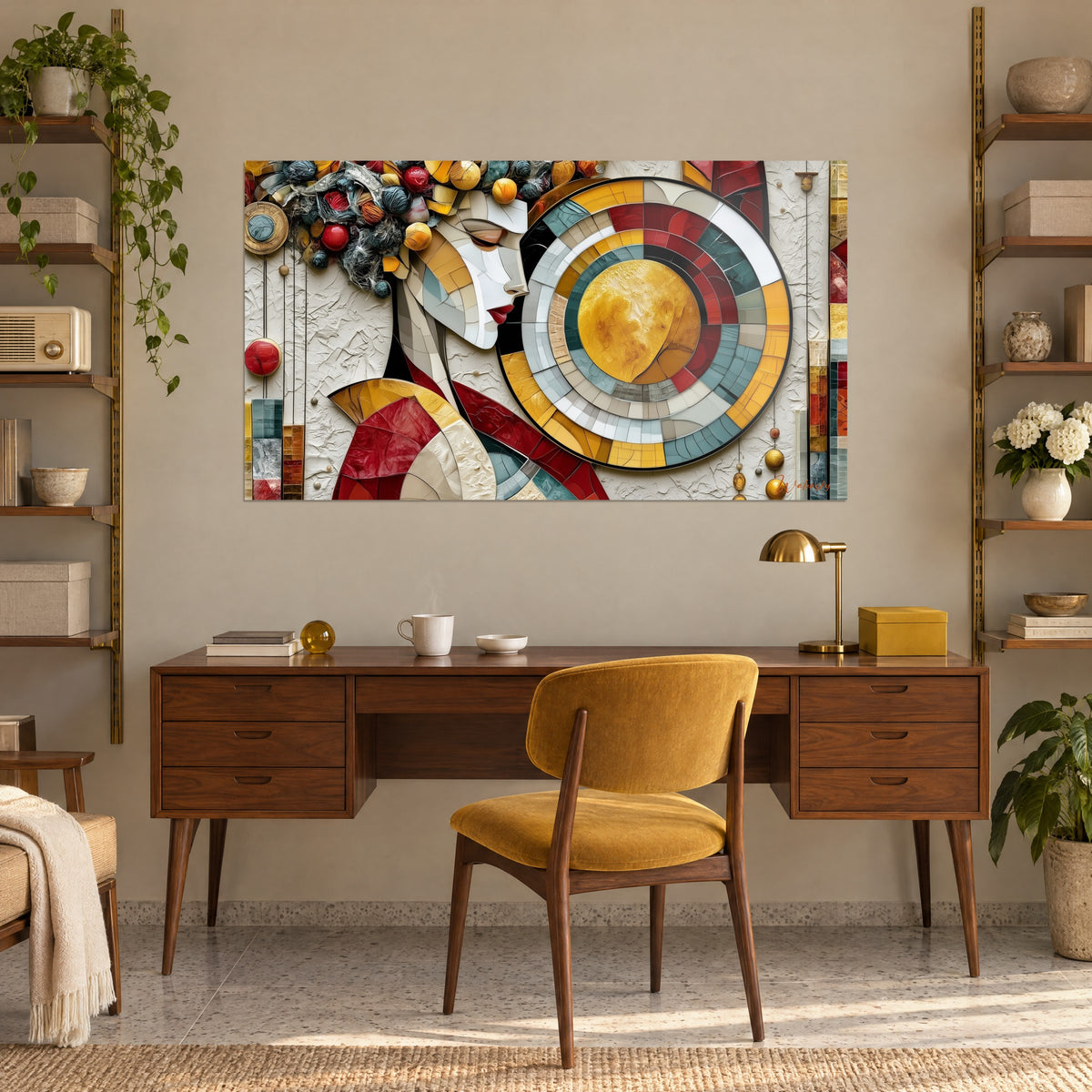 Schilderij geometrische vrouw met kleurrijke wolbollen in het haar, rood en goud mozaïek, opgehangen boven een houten bureau en een gele stoel