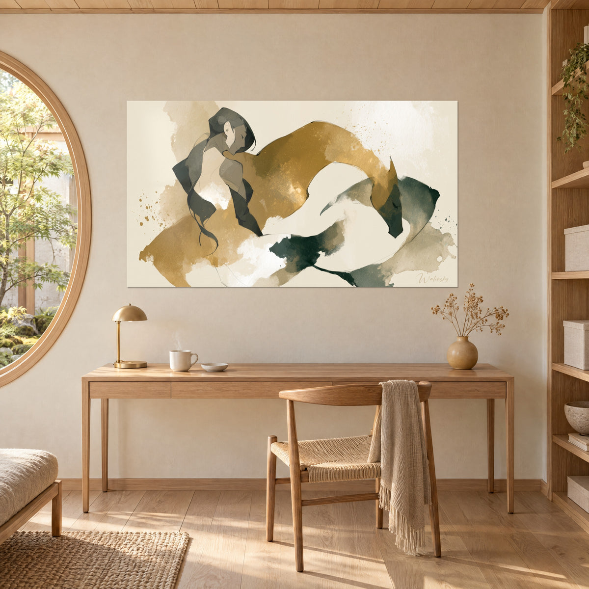 Wall art fluid silhouette half watercolour half ink, honey, charcoal and ivory tones, hung above a wooden desk, round window