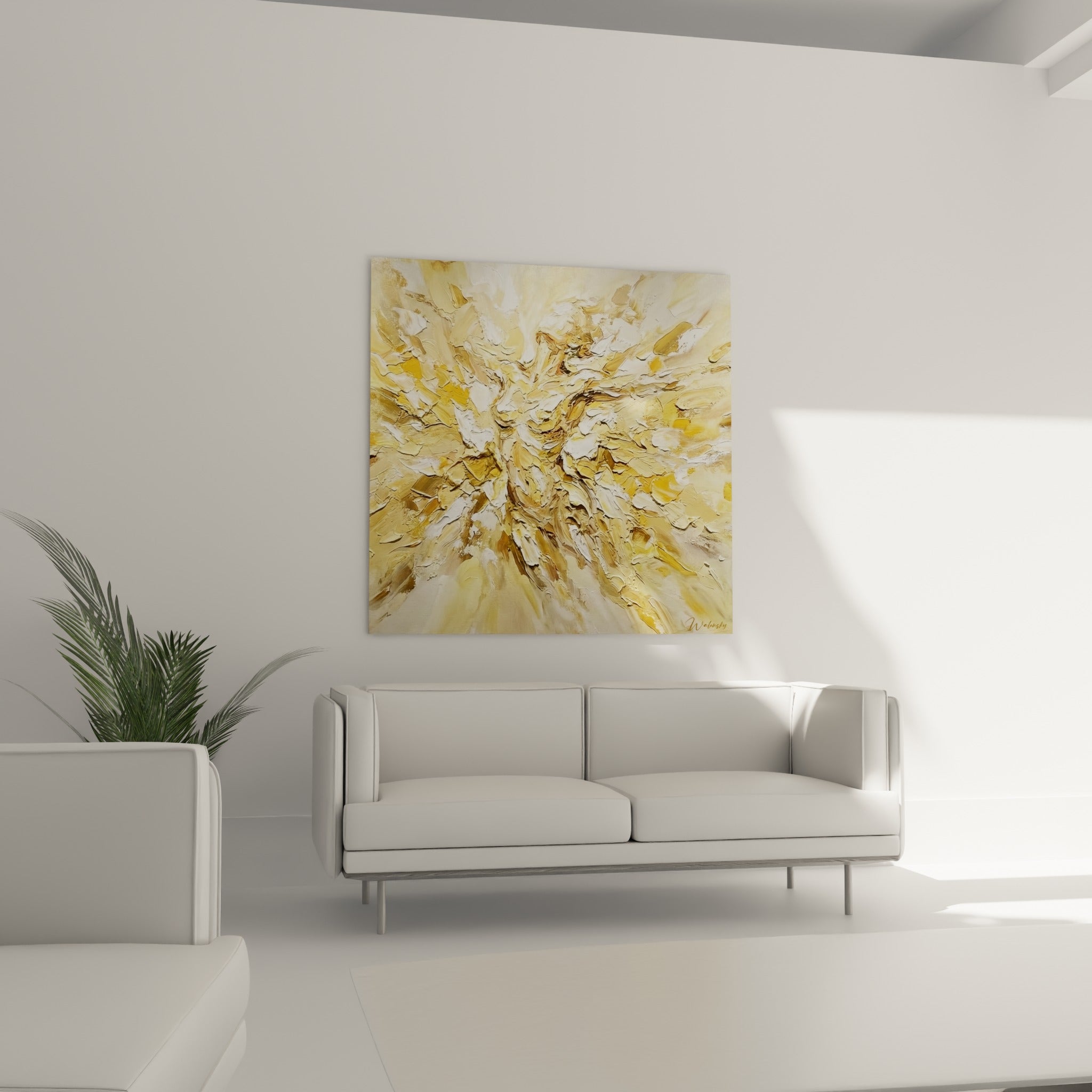 Camaïeu jaune miel et blanc en textures épaisses, tableau corps abstrait au-dessus d'un canapé dans un salon lumineux