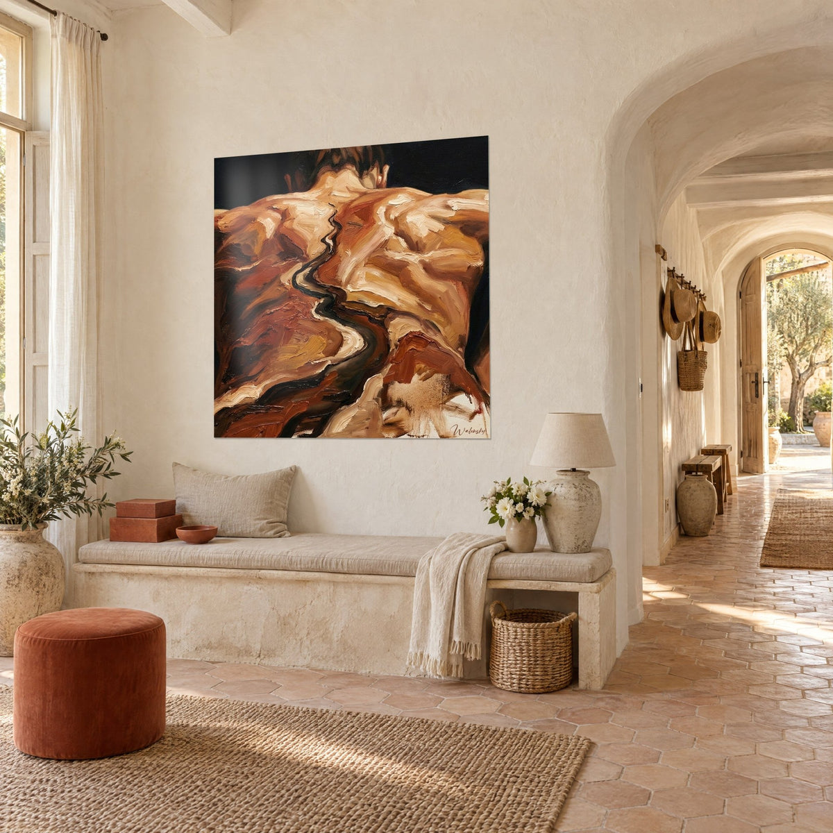 Wall art of a muscular back painted in oil, golden ochre and russet brown, dark furrow snaking across it, seen three-quarters in a vaulted corridor of pale stone