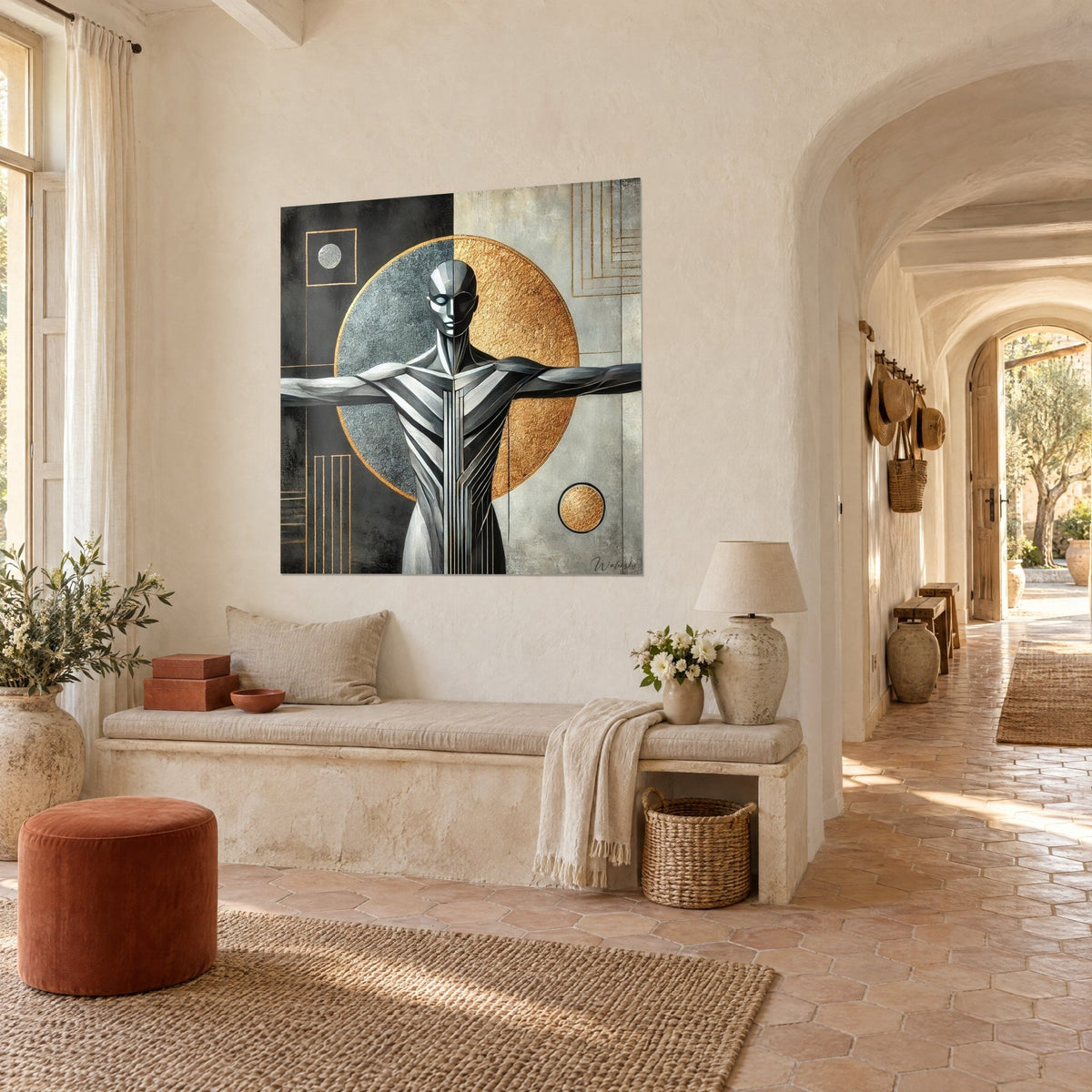 Cuadro figura estilizada en gris metálico y cobre dorado, disco ocre, colgado en vista de tres cuartos en un pasillo abovedado
