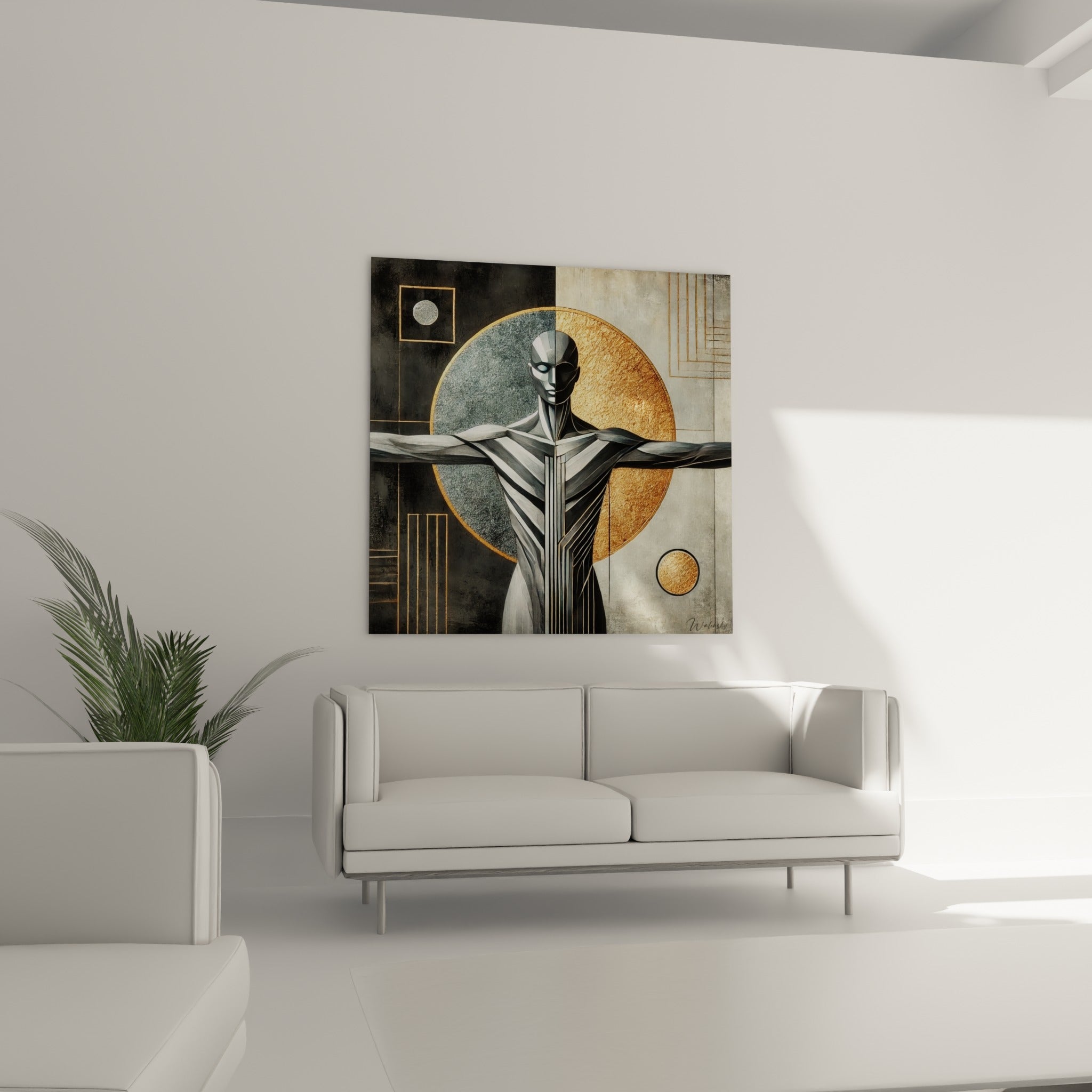 Corps abstrait doré et anthracite aux cercles graphiques, au-dessus d'un canapé dans un salon lumineux