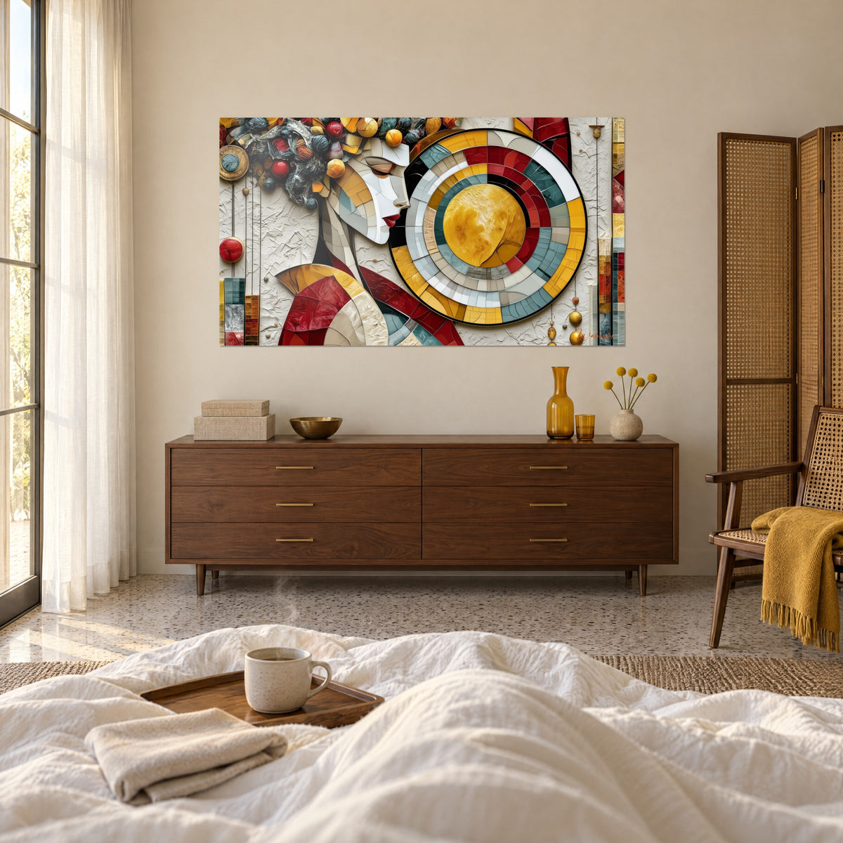 Schilderij vrouwelijke silhouet met gesloten oogleden, karmijnrode en honinggele tesserae, boven een bed in een lichte slaapkamer