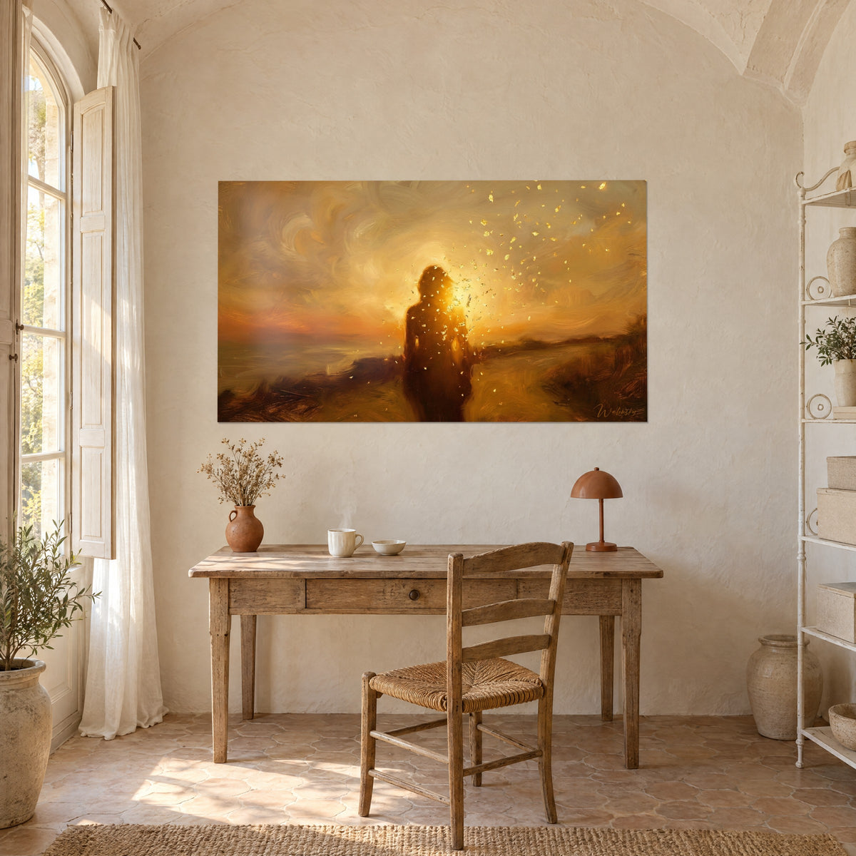 Tableau femme de profil perdu dans un soleil couchant doré, ciel crème et orangé, accroché au-dessus d'un bureau en bois
