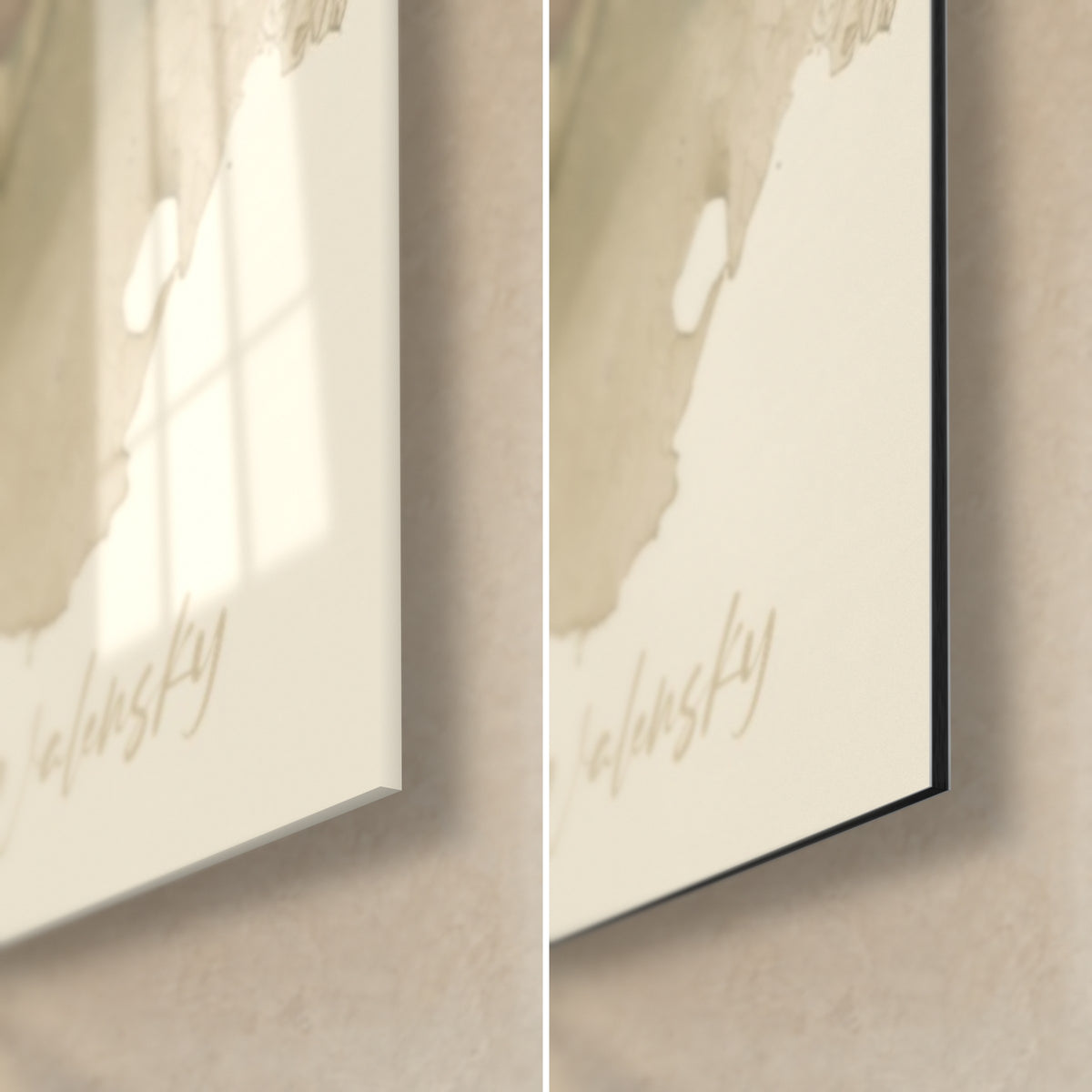 Wall art abstract woman in ochre and cream wash, Walensky signature, corner of glossy acrylic glass and matte black Dibond, 3 mm thickness