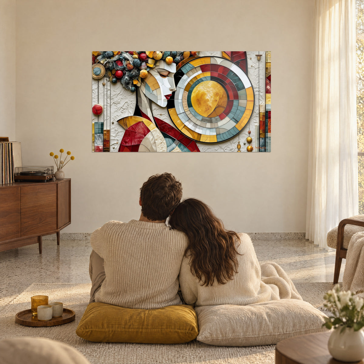 Schilderij wit profiel van een vrouw tegenover een gouden hemellichaam, blauwgrijze en rode ringen, een koppel van achteren zittend op kussens op de vloer