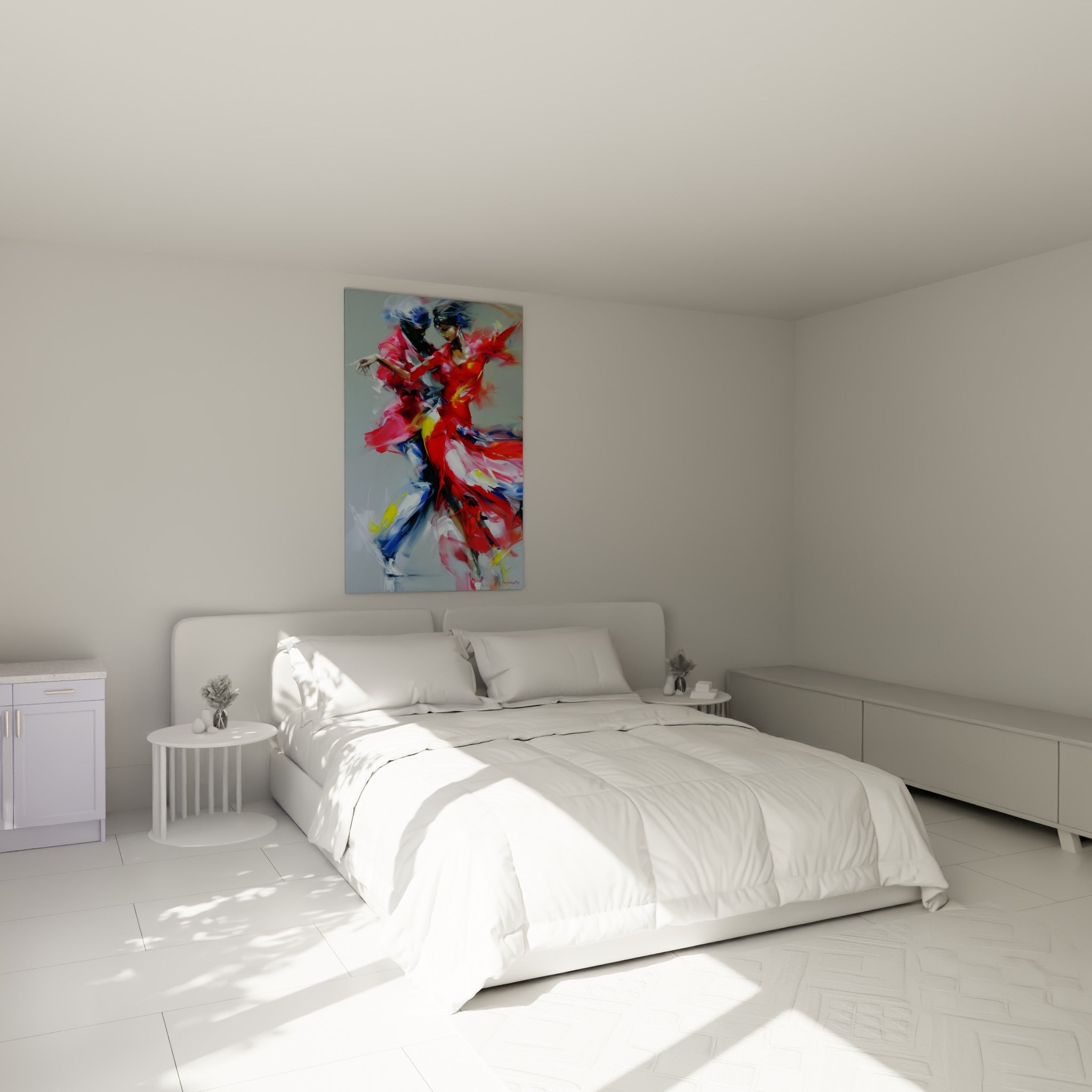 Couple de danseurs en rouge et jaune, corps abstrait accroché au-dessus d'un lit dans une chambre claire