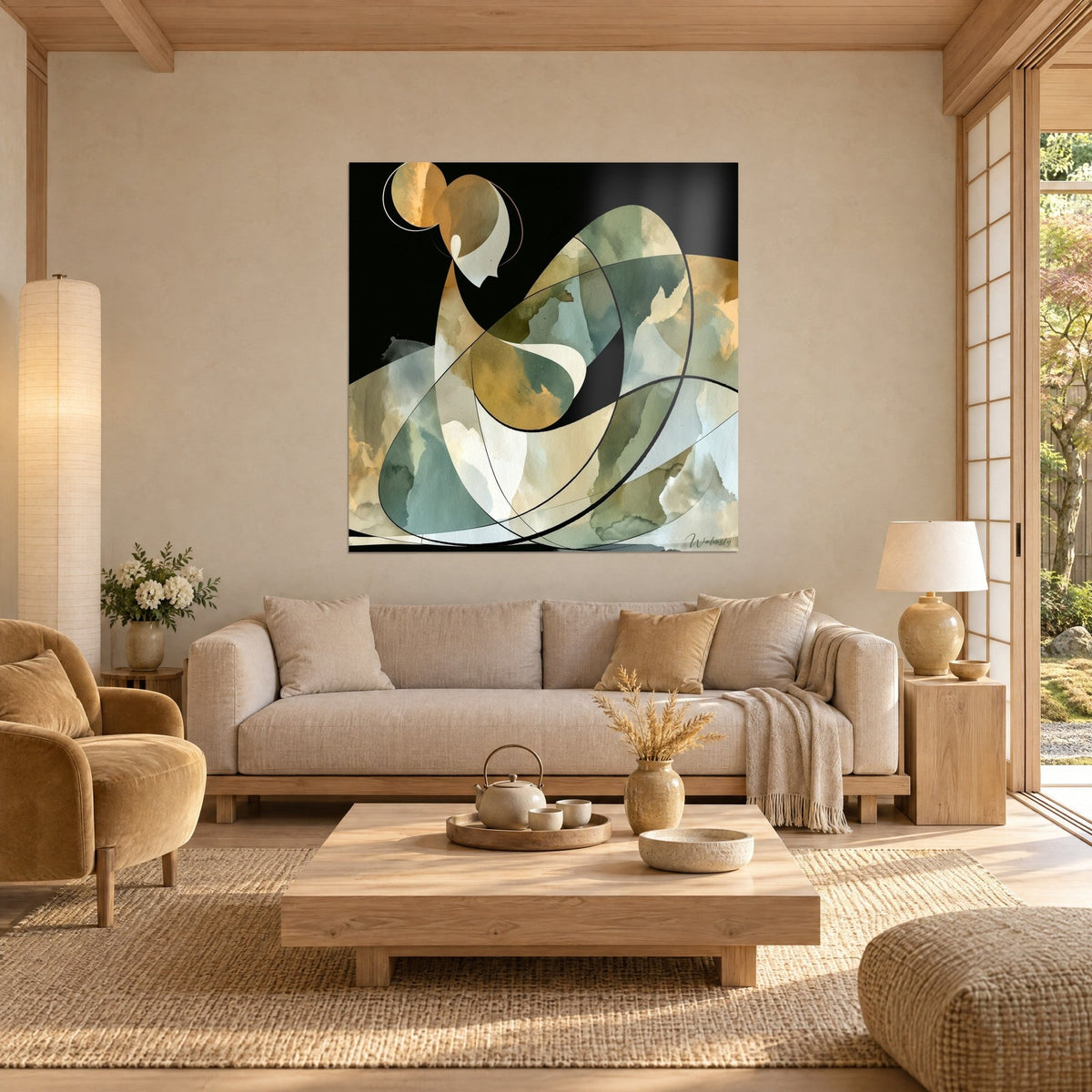 Quadro di una silhouette inclinata con curve verde salvia e ocra su fondo nero, sole dorato in alto, sopra un divano in un soggiorno luminoso