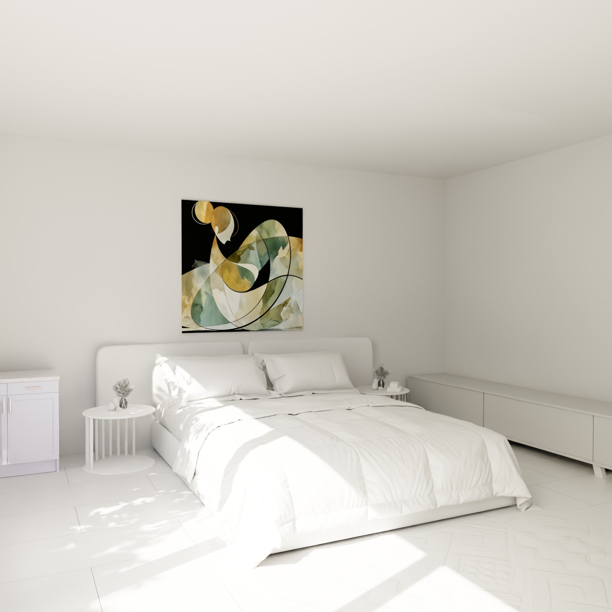 Figure penchée aux teintes ocre et vert sauge, corps abstrait au-dessus d'un lit dans une chambre claire