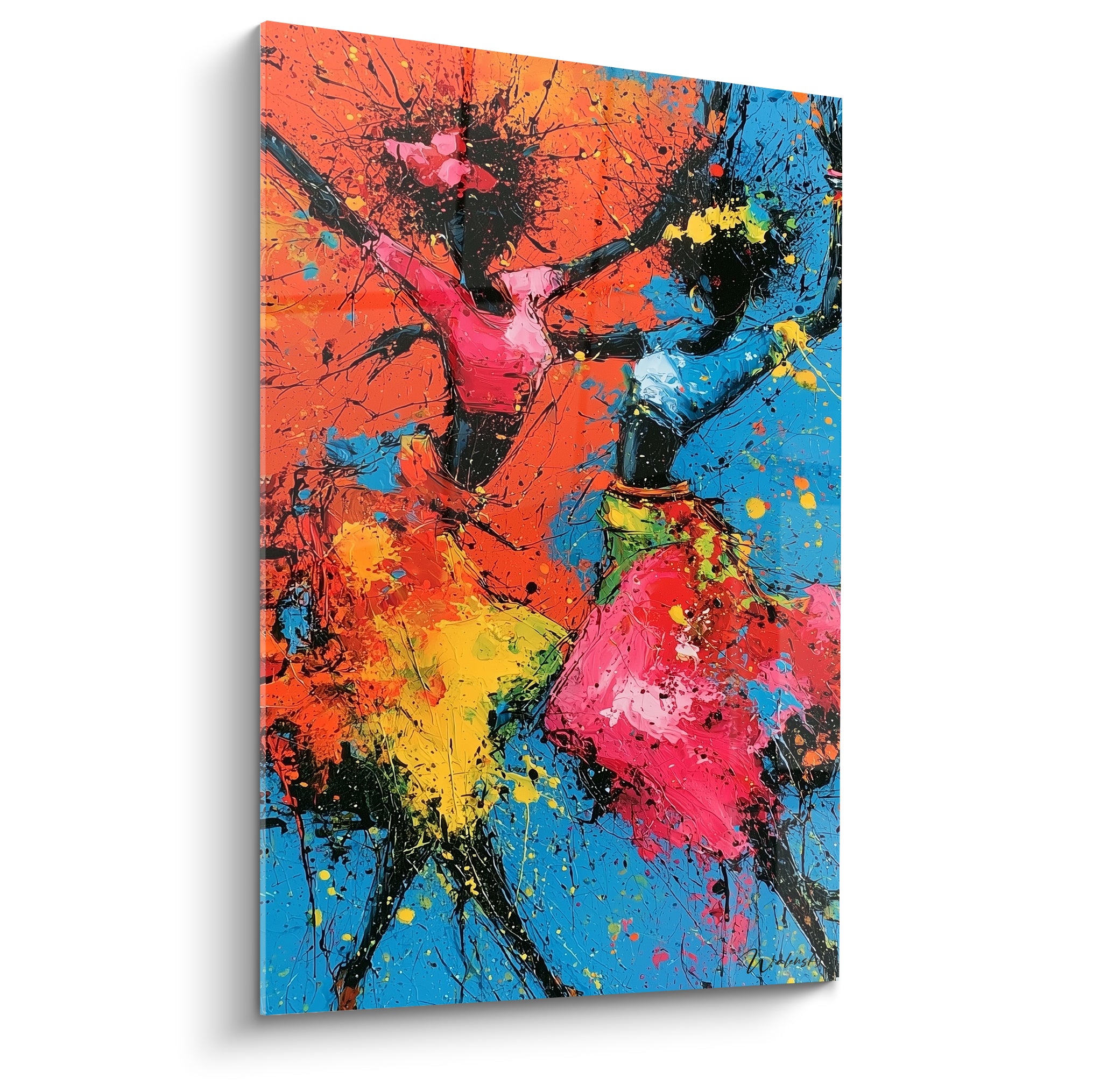 Danseuses au corps abstrait, robes jaune et rose, fond orange et bleu éclaboussé de noir