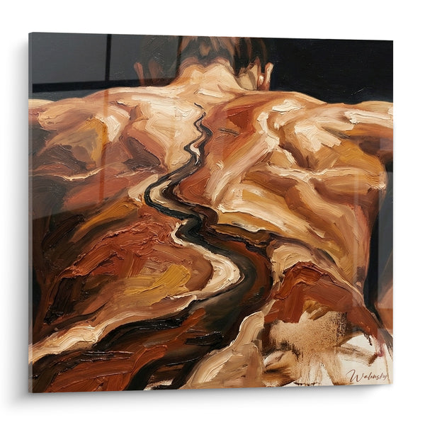 Tableau Dos ocre et brun sillonné d'une rivière - Rivière intérieure - Edition corps abstrait
