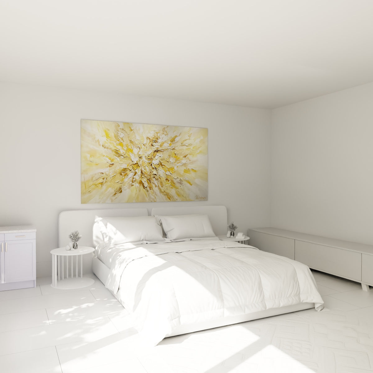 Éclats dorés et blancs du corps abstrait rayonnant, accroché au-dessus d'un lit dans une chambre claire