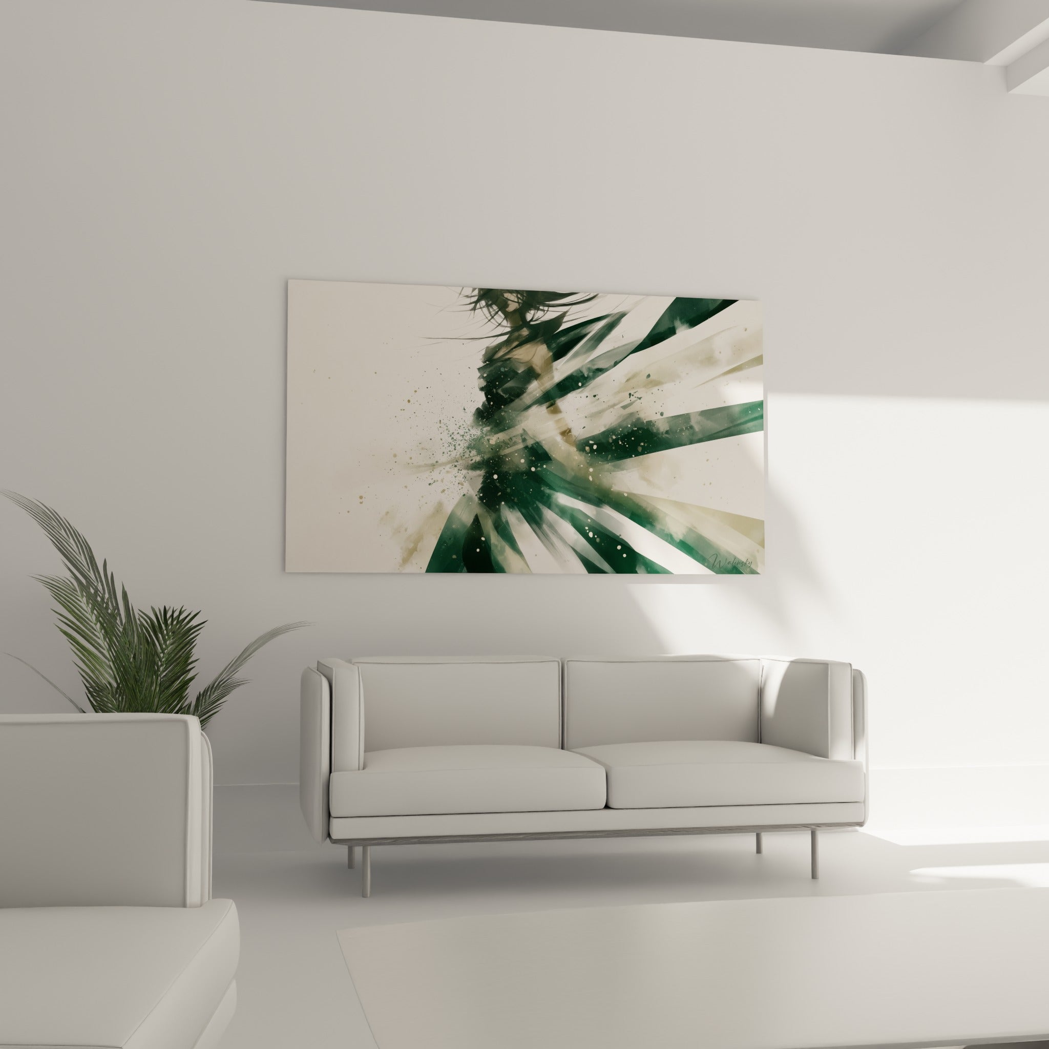 Corps dissous en éclats anthracite et ivoire de ce tableau Corps abstrait, au-dessus d'un canapé dans un salon lumineux