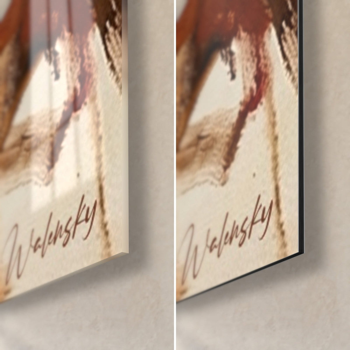 Wall art of an abstract back in ochre and brown, bottom right corner, glossy acrylic glass with reflections on the left, matte Dibond aluminium on the right, 3 mm edge