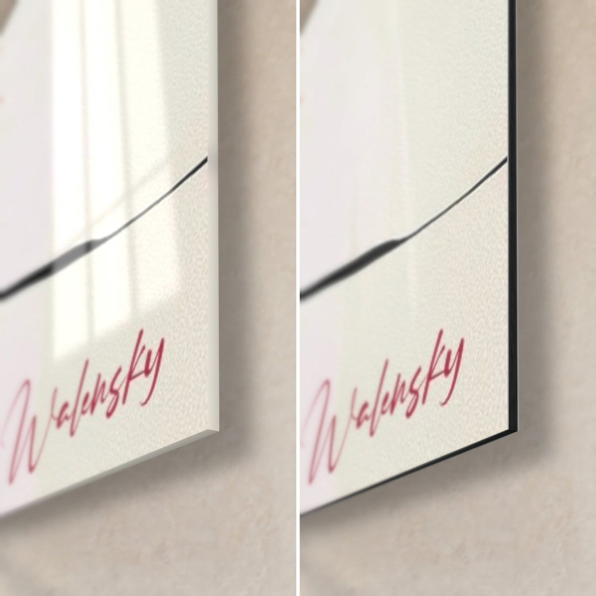 Tableau silhouette dansante, coin bas droit : signature rose Walensky sur fond crème, verre brillant et Dibond mat noir