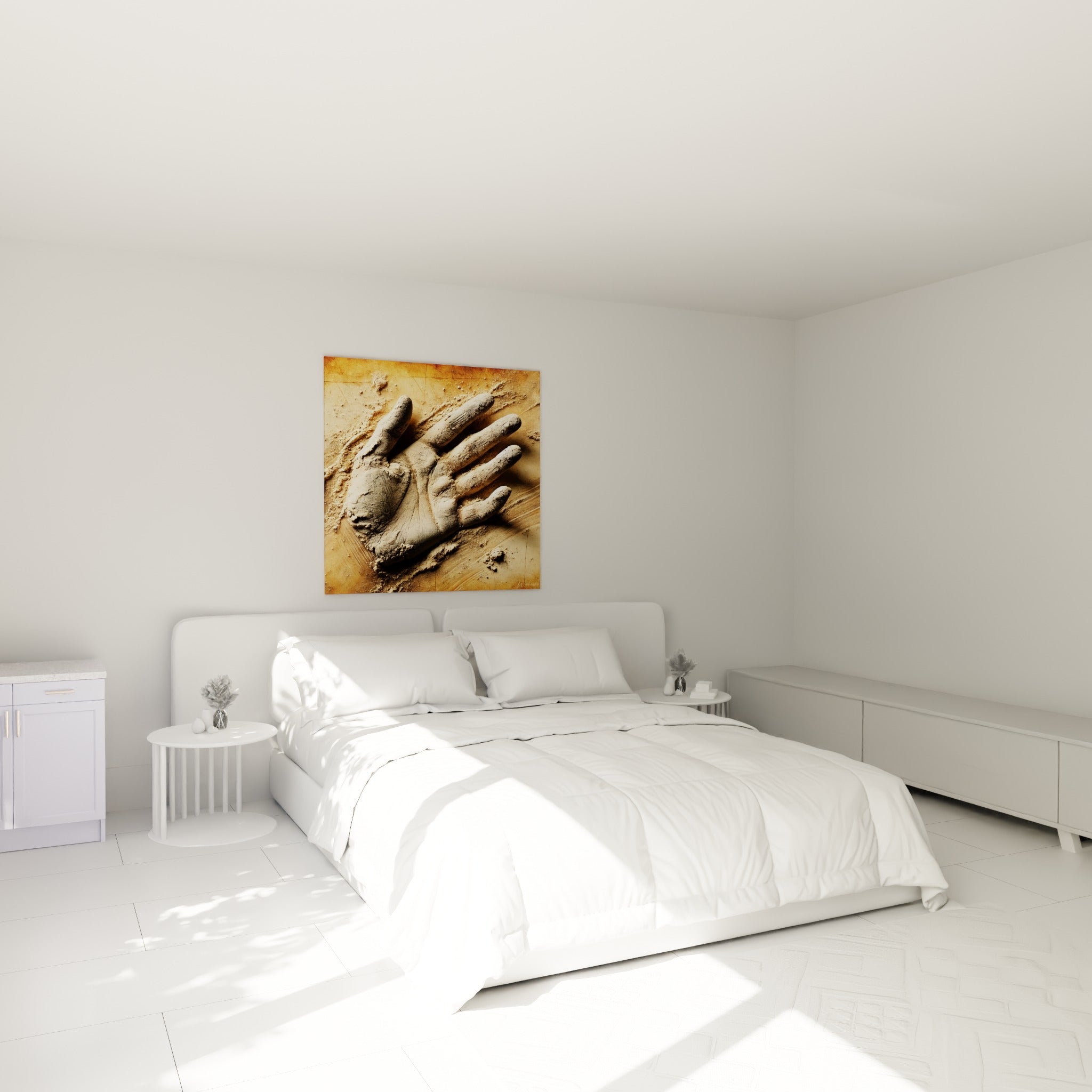 Empreinte de main en sable ocre et brun, corps abstrait au-dessus d'un lit dans une chambre claire