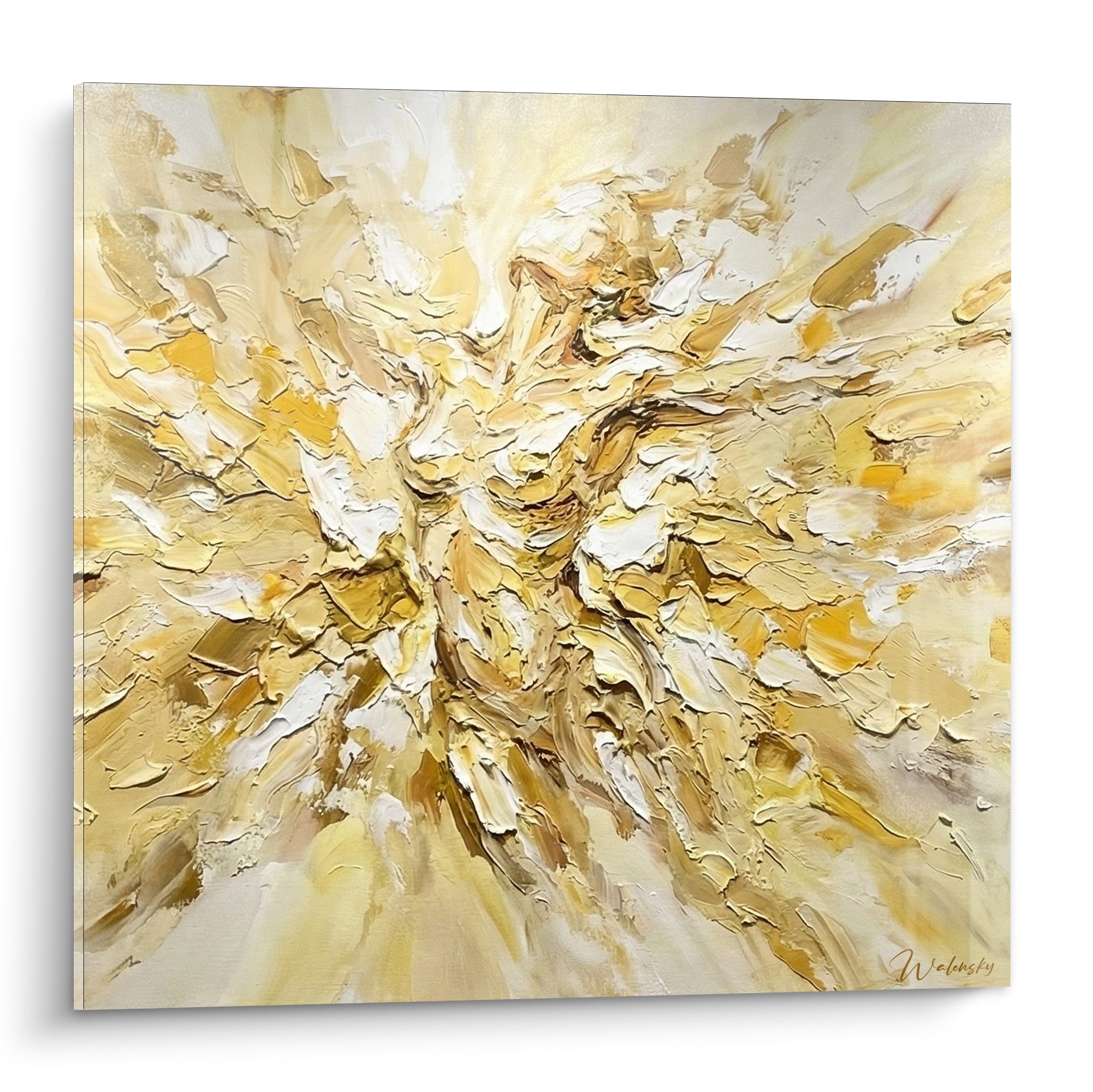 Explosion picturale dorée et blanc crème au couteau, empâtements épais évoquant un corps abstrait rayonnant