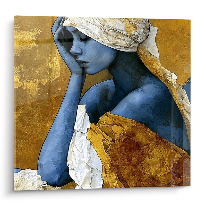 Tableau Femme bleue au turban doré pensive - Songerie dorée - Edition Corps abstrait