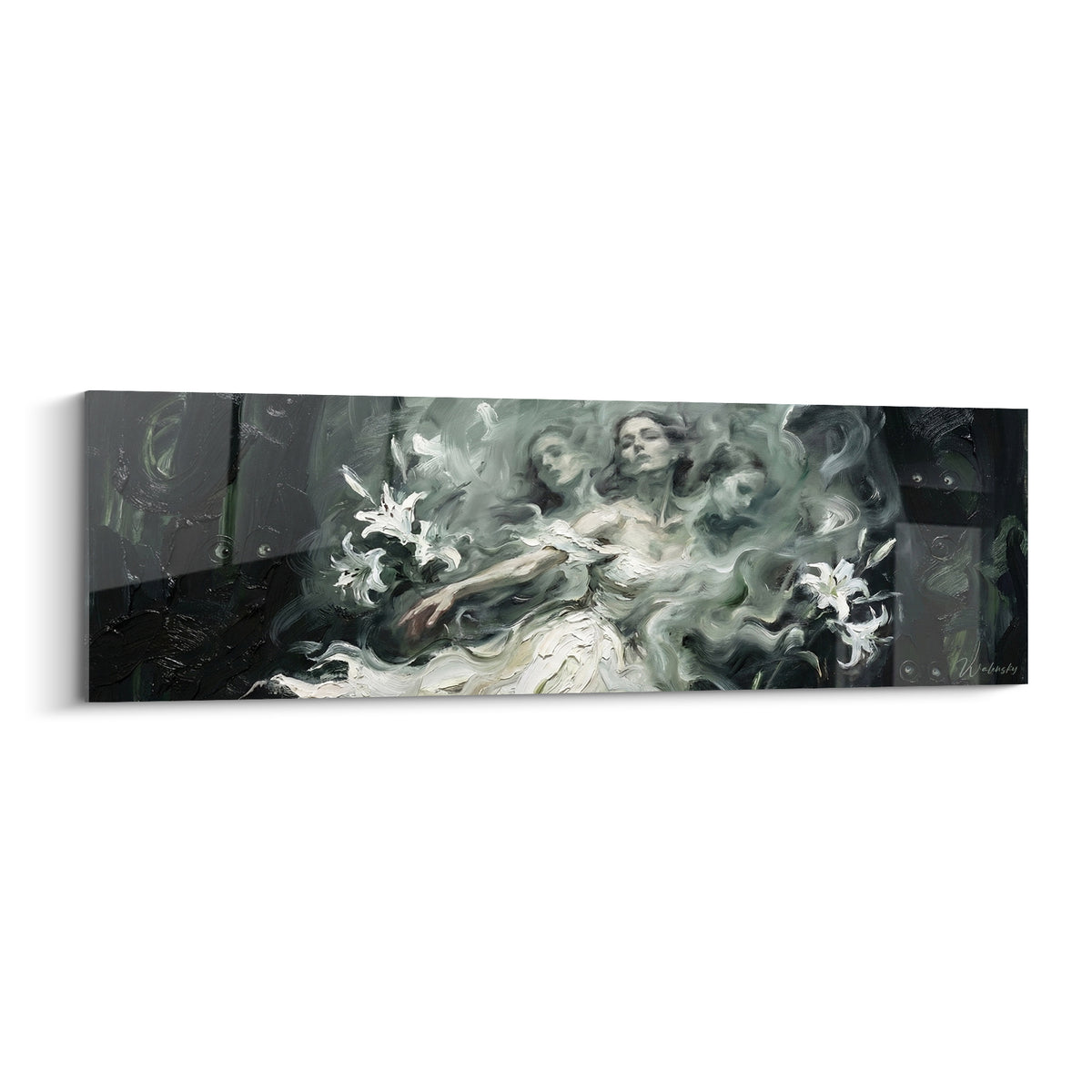 Silhouette voilée en robe blanche entourée de lys, tableau corps abstrait aux tons anthracite et gris vert