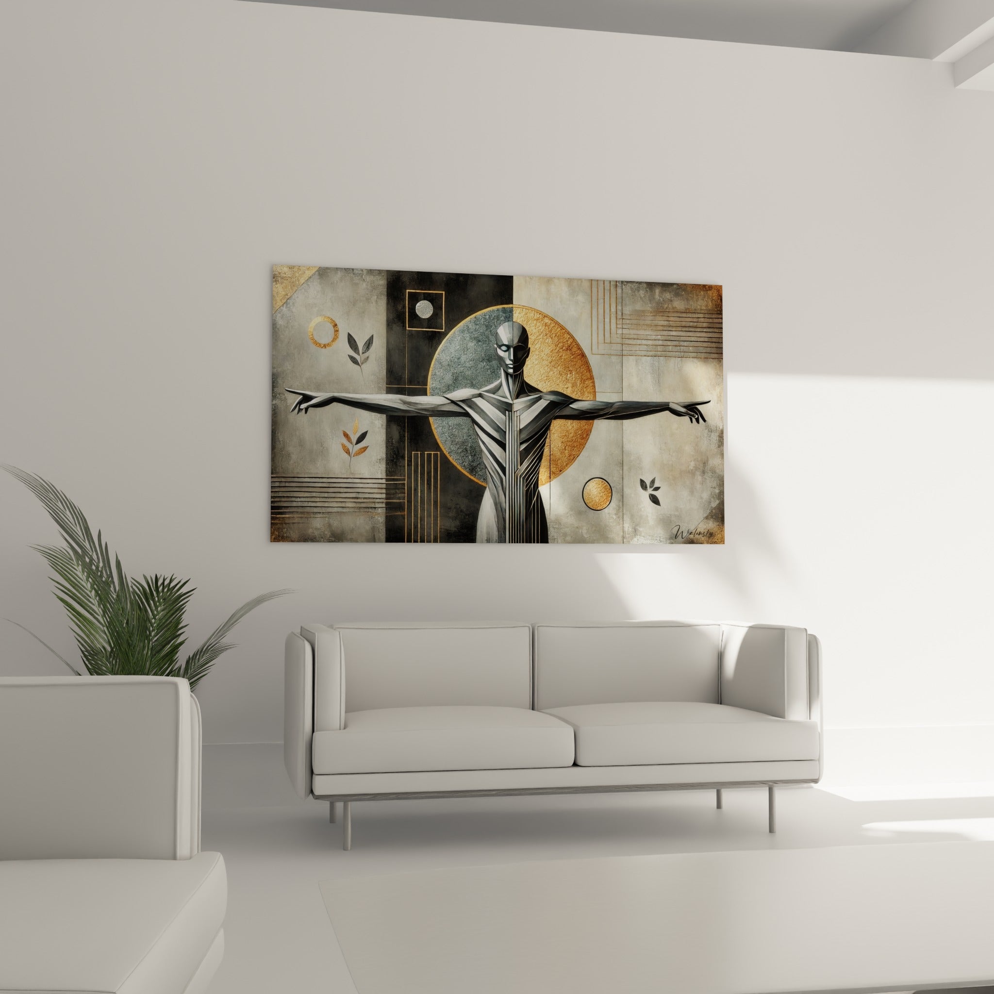 Corps stylisé anthracite face à un cercle doré patiné, tableau Corps abstrait au-dessus d'un canapé dans un salon lumineux