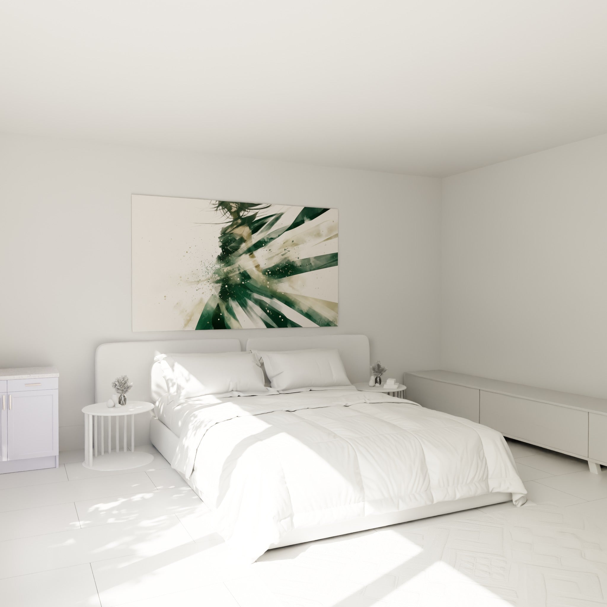 Figure fragmentée vert sapin et dorée du tableau Corps abstrait, accrochée au-dessus d'un lit dans une chambre claire