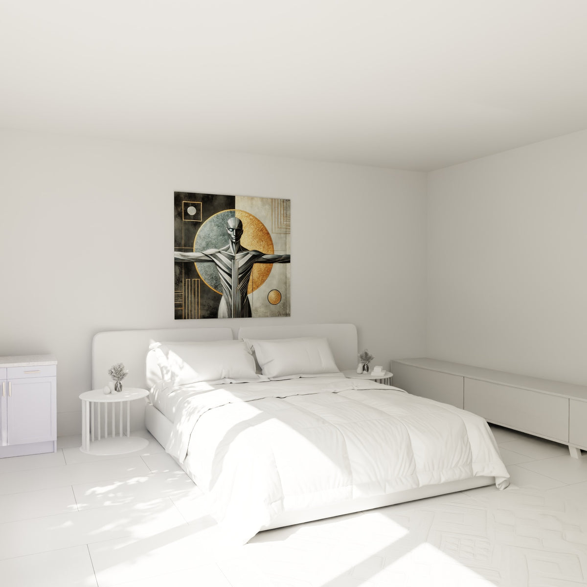 Figure Corps abstrait argent et or, bras étendus, au-dessus d'un lit dans une chambre claire
