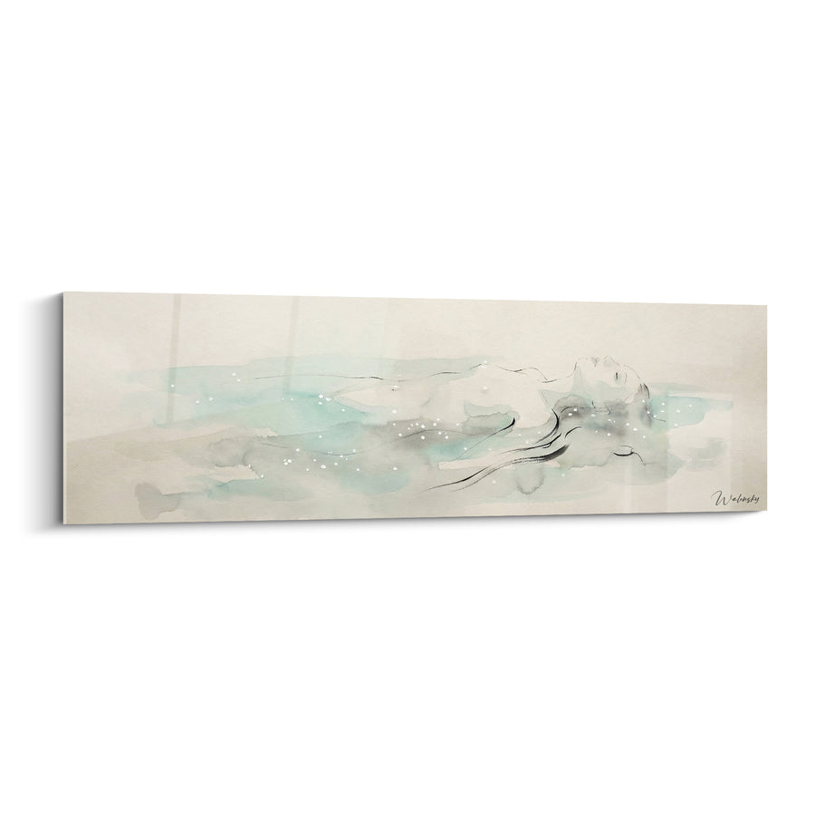 Tableau Silhouette flottante beige et turquoise pailletée d'éclats blancs - Nageuse à la dérive - Edition corps abstrait