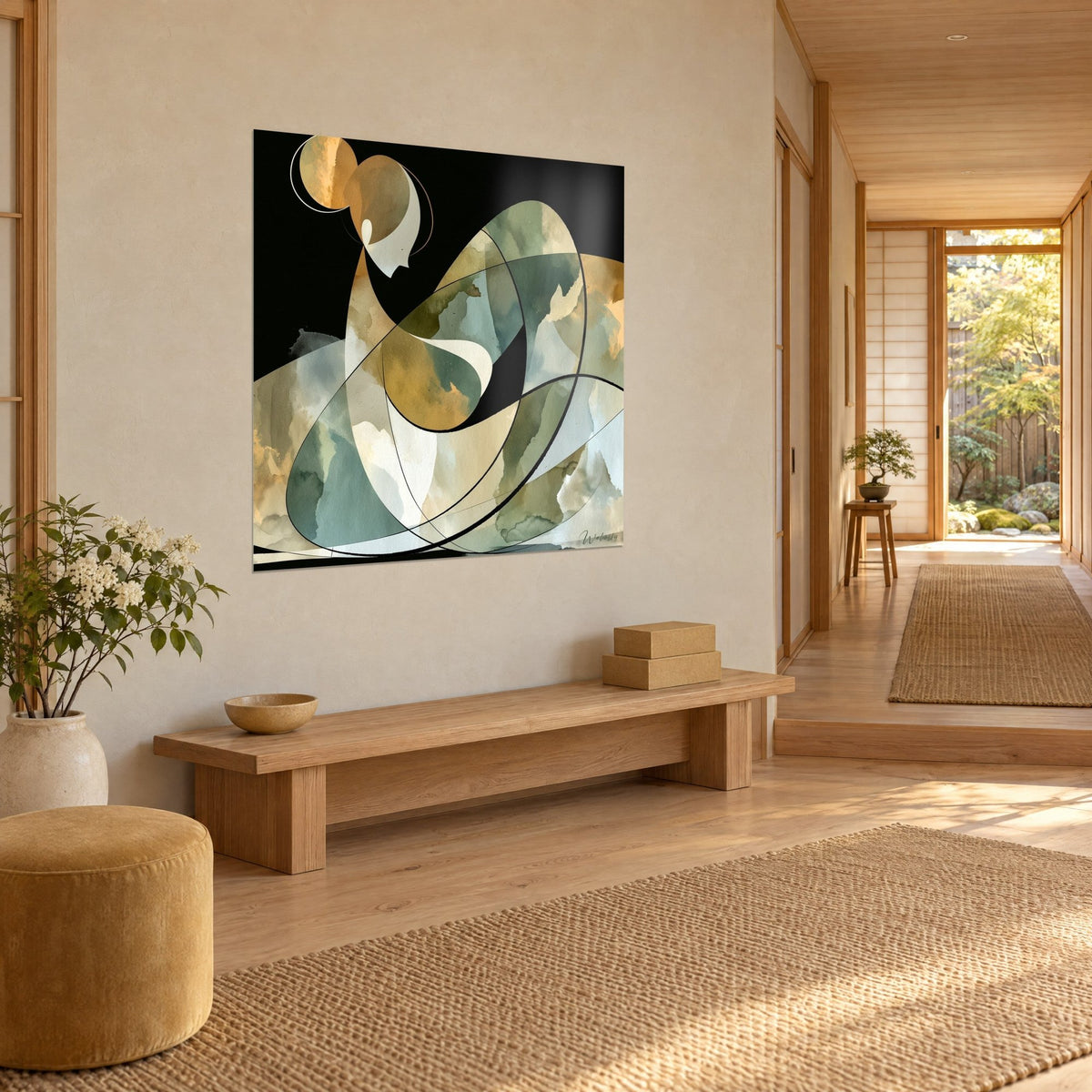 Quadro di una figura meditativa in archi traslucidi verde salvia e crema, cerchio ocra in alto, vista di tre quarti in un ingresso japandi in legno