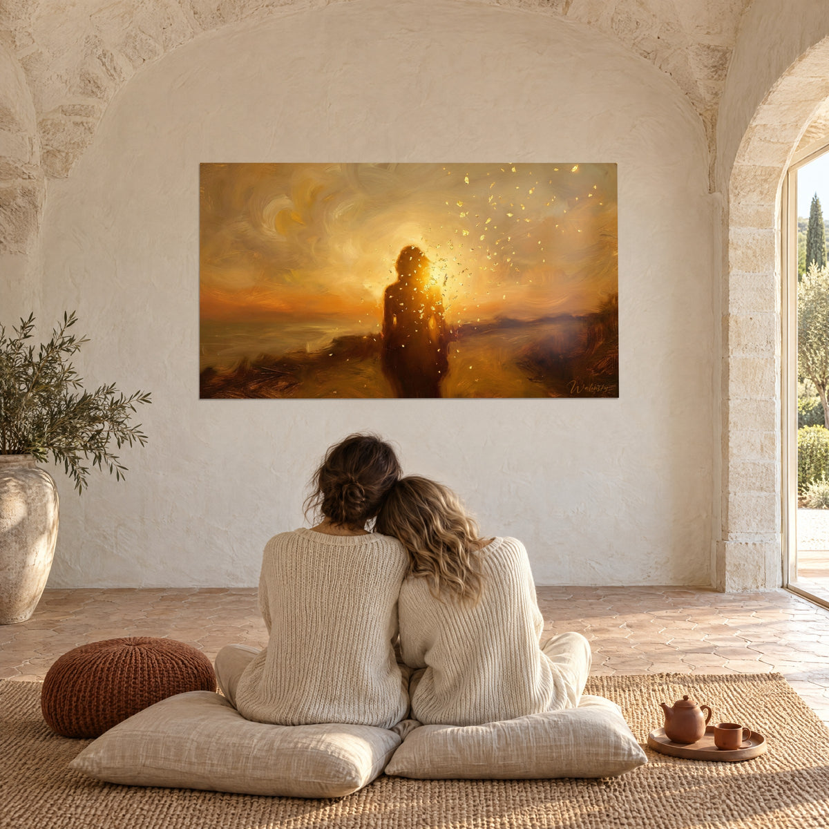 Tableau corps abstrait en silhouette brune, halo jaune d'or et envolée de paillettes, face à un couple enlacé sur des coussins