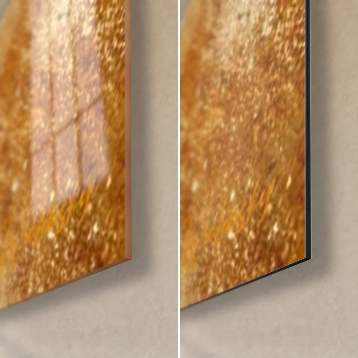 Quadro corpo astratto ocra e marrone, angolo in basso a destra: vetro acrilico lucido a sinistra, alluminio Dibond opaco a destra, bordo nero da 3 mm