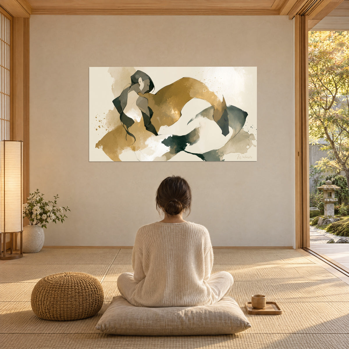 Wall art abstract dancer with gold and dark grey drapery, watercolour stains on cream paper, plain wall, seated person in meditation