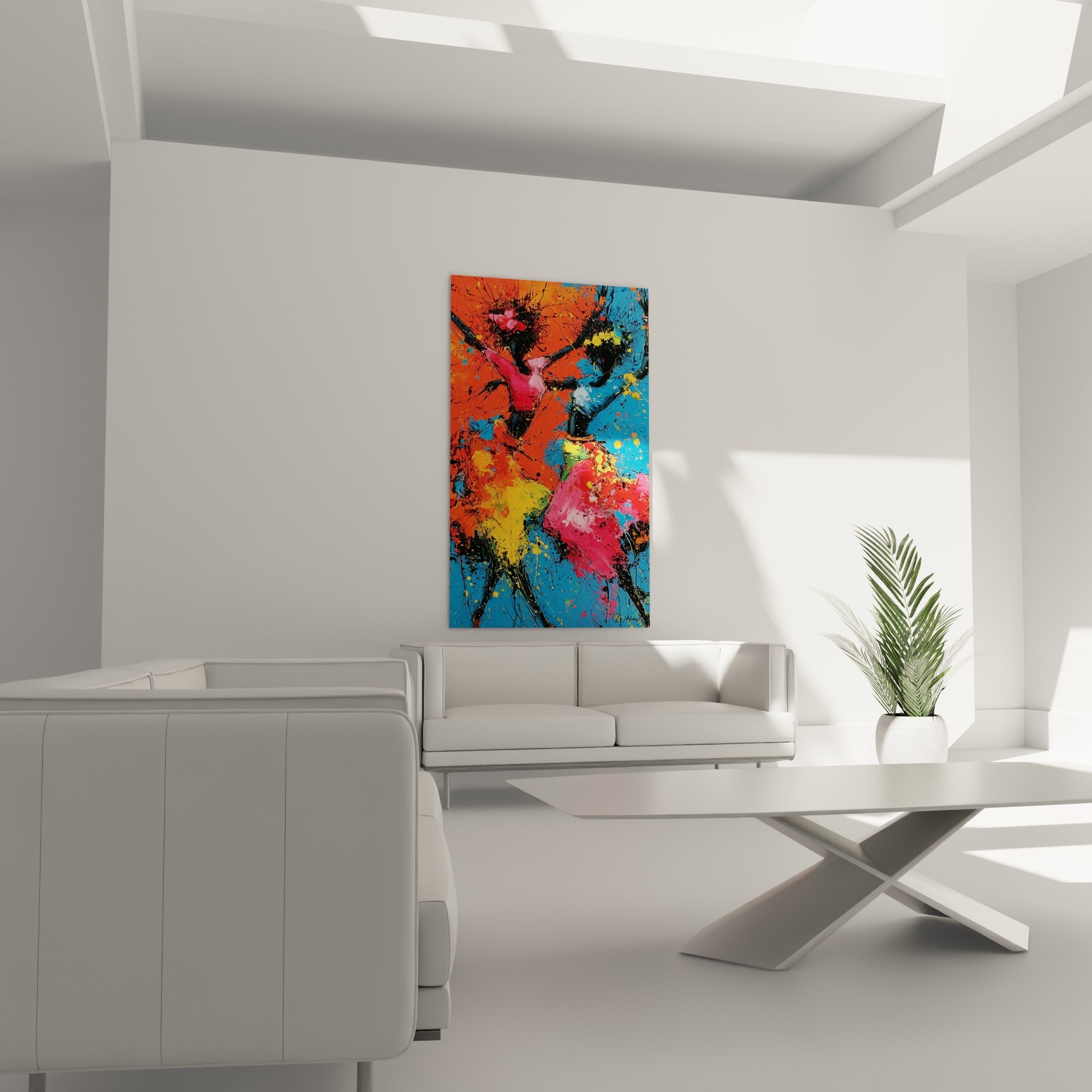 Mouvement de danse orange et bleu du corps abstrait, au-dessus d'un canapé dans un salon lumineux