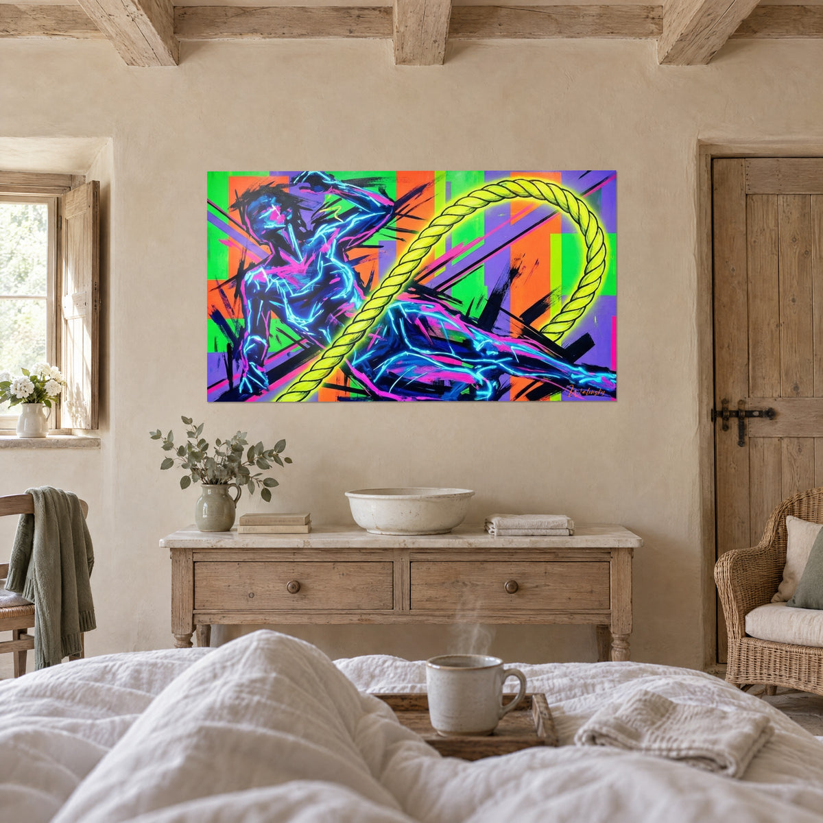 Tableau athlète en lignes fluo cyan et magenta, corde jaune citron en boucle, fond orange et violet, au-dessus d'un lit dans une chambre claire
