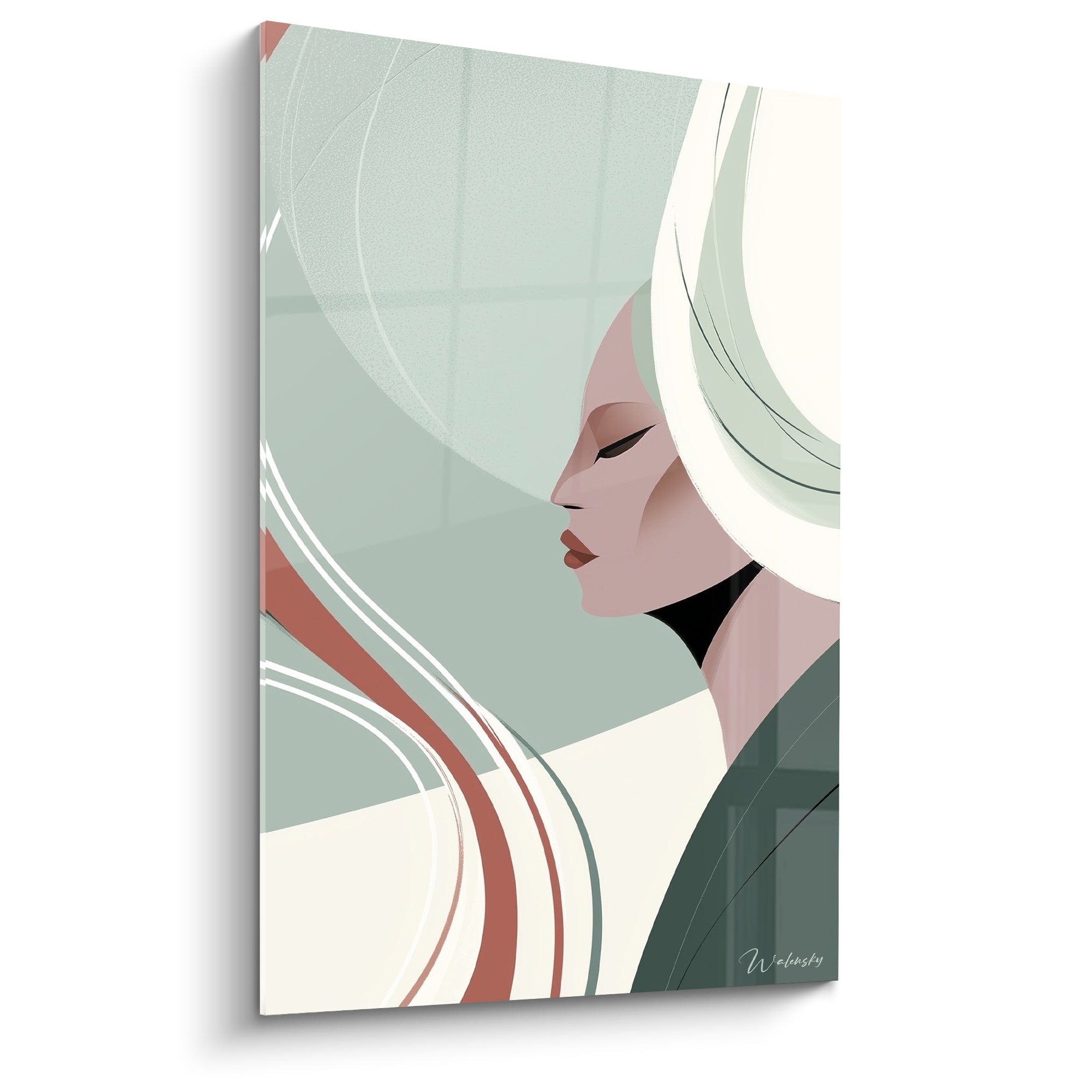 Profil féminin aux yeux clos, vert sauge et terracotta, style graphique épuré sur fond crème