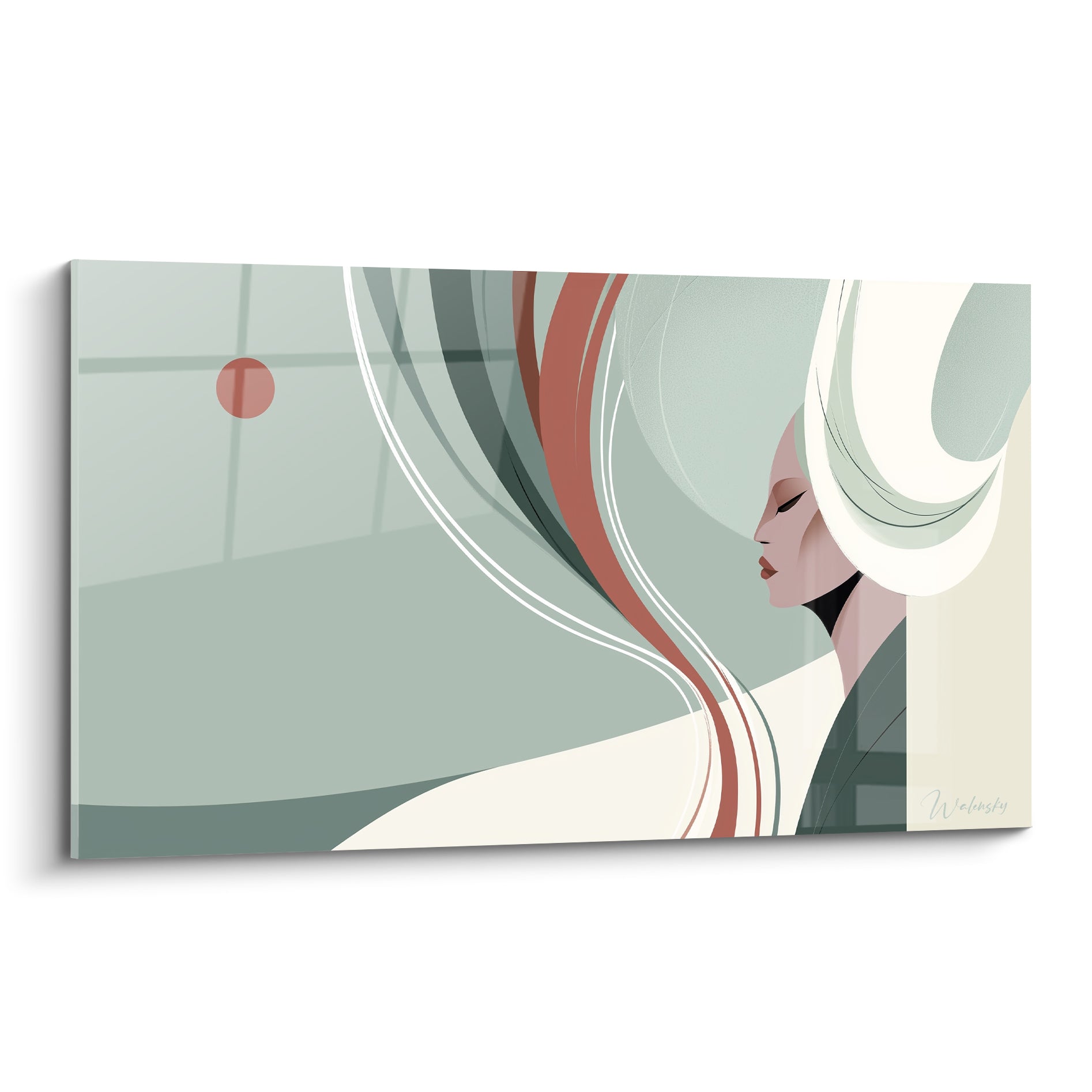 Profil féminin vert sauge et terracotta, lignes ondulantes, sphère terracotta flottante en fond crème