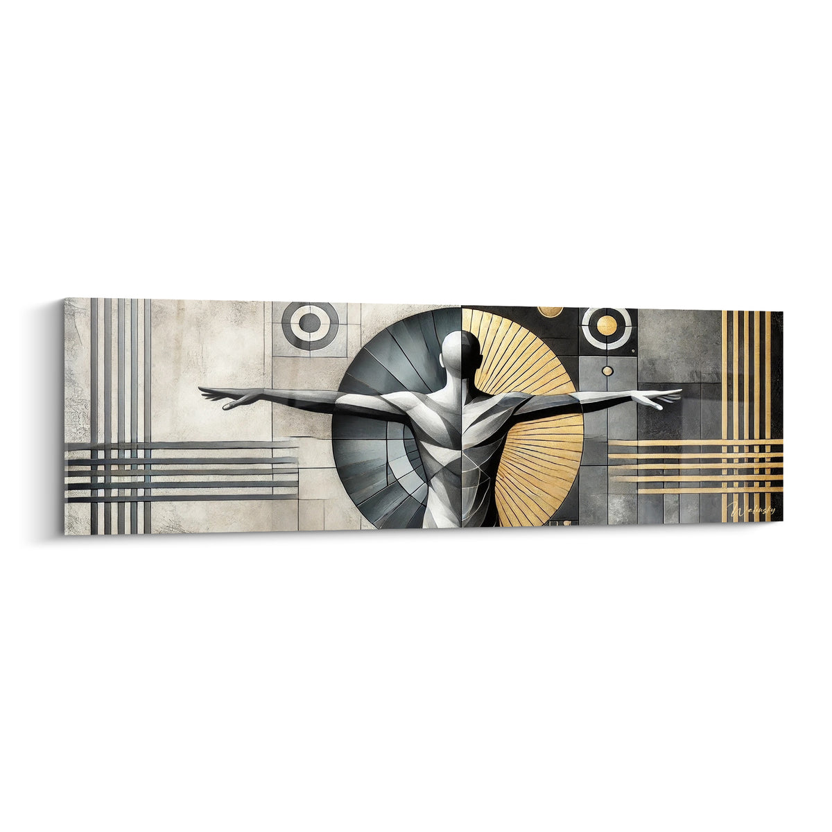 Corps abstrait aux bras ouverts, silhouette anthracite et dorée sur fond géométrique beige