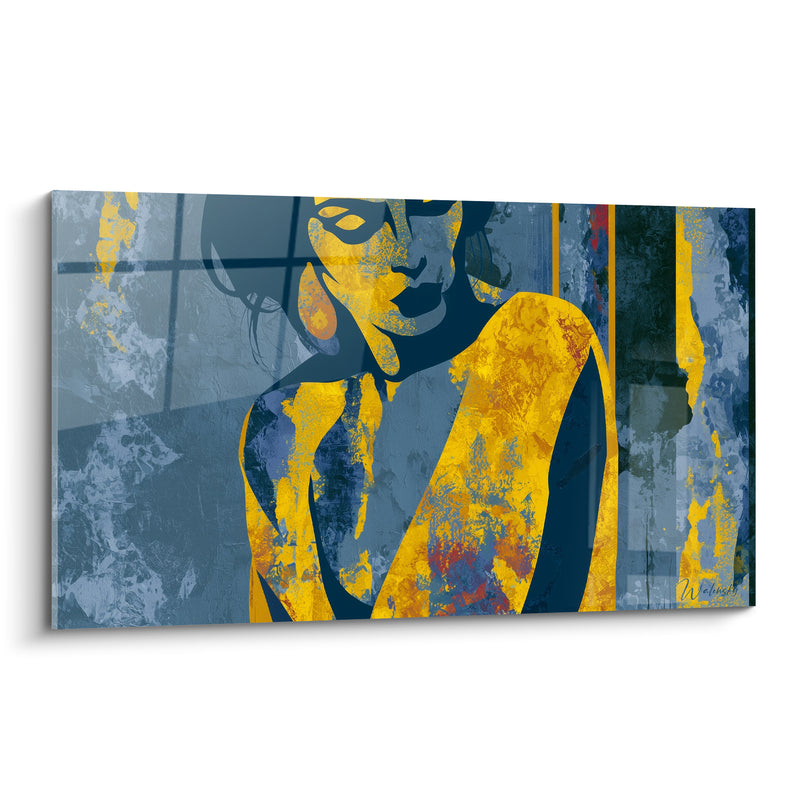 Tableau Silhouette féminine bleu et doré texturée - Présence silencieuse - Edition Corps abstrait