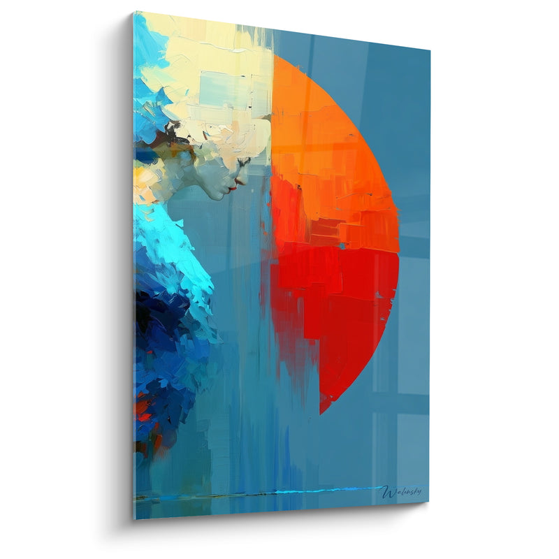 Tableau Silhouette ivoire aux mèches turquoise contemplant un disque rouge - Profil penché vers l'horizon - Edition Corps abstrait